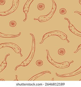 Seamless pattern with chili pepper. Hand drawn vector illustration.