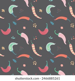 Patrón sin costuras con pimiento picante en estilo vivero. Fondo negro. Perfecto para el diseño de ropa de bebé y niños. Diseño de cubierta, estampado de tela, baby shower, diseño de papel de envoltura y Fondo de pantalla.