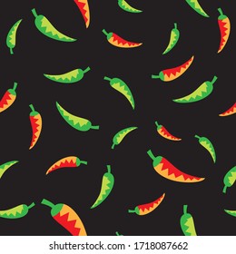 Seamless pattern with chili pepper on black background. Vector illustration. Design elements for fabric, banner, wallpaper, wrapping paper.