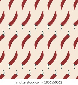 Seamless pattern of chili pepper. Repeating peppers on a sand background. Ready-made design for packaging and textiles. Vector illustration of food.