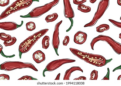 Seamless pattern of chili peppers, color, vector