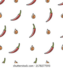 A seamless pattern with chili peppers and flames of fire on a white background. A simple pattern with hot peppers.