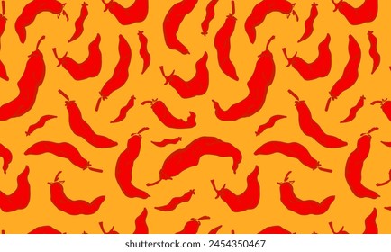 Seamless pattern of chili peppers on a orange background. Vegetable hand drawn backdrop. Design for textile print, spicy food packaging, kitchen wallpaper. Culinary art concept.