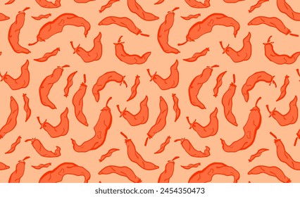 Seamless pattern of chili peppers on a orange background. Vegetable hand drawn backdrop. Design for textile print, spicy food packaging, kitchen wallpaper. Culinary art concept.