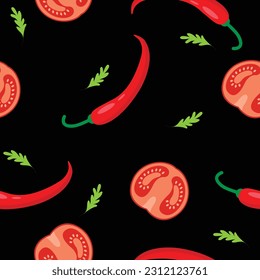 Seamless pattern of chilies and tomato slices on a black background. Vector illustration.