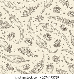 Seamless pattern chilli pepper: a piece of hot pepper, seeds and whole chilli pepper. Vector hand drawn illustration.