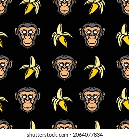 patrón transparente de chimpancé y banana sobre fondo negro