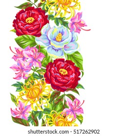 Seamless pattern with China flowers. Bright buds of magnolia, peony, rhododendron and chrysanthemum.