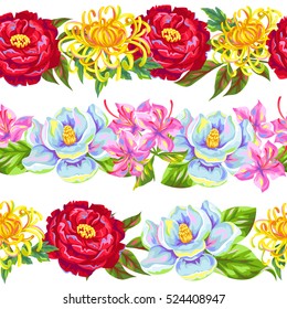Seamless pattern with China flowers. Bright buds of magnolia, peony, rhododendron and chrysanthemum.