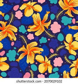 Seamless pattern of china rose hibiscus rosa sinensis with vibrant colors. Useful for cloths, sheets, wallcovering, apparel, furniture and other interior decoration.