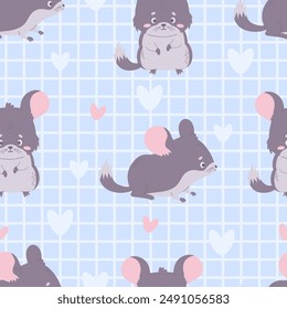 Seamless pattern with chinchilla on light blue checkered background. Funny cartoon animal rodent. Vector illustration. Kids collection