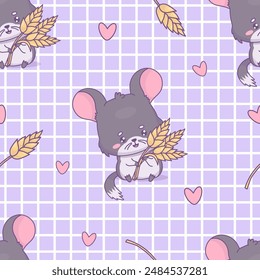 Seamless pattern with chinchilla with spikelets on purple checkered background. Funny cartoon kawaii animal rodent character. Vector illustration. Kids collection