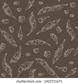 Seamless pattern with chinese artichoke : tuber of chinese artichoke, leaves and slice. Stachys affinis. Vector hand drawn illustration