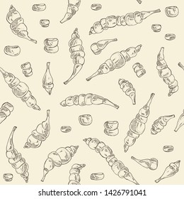 Seamless pattern with chinese artichoke : tuber of chinese artichoke, leaves and slice. Stachys affinis. Vector hand drawn illustration