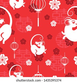 Seamless pattern with chinese and asian elements on red color background for happy chinese new year 2020 , flyers, poster