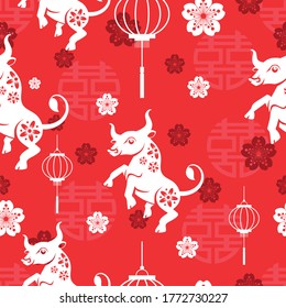 Seamless pattern with chinese and asian elements on color background for happy chinese new year of the Ox 2021, flyers, poster and banner, (translate : chinese happy new year, 2021)