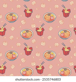 Seamless pattern with Chinese and Asian food, dumplings, noodles, takeout, ramen, good for backgrounds, invitations, gift wrap, stationeries, baby clothing, decor, scarves, napkins