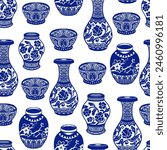 Seamless pattern with Chinese blue vases. Vector