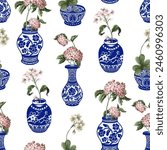 Seamless pattern with Chinese blue vases and flowers. Vector