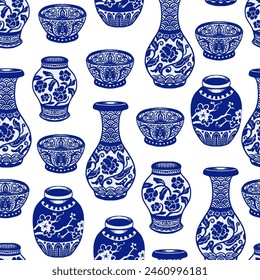 Seamless pattern with Chinese blue vases. Vector