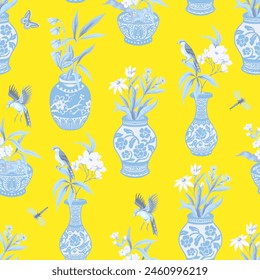 Seamless pattern with Chinese blue vases and flowers. Vector