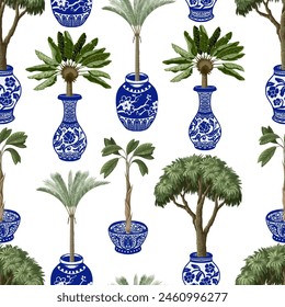 Seamless pattern with Chinese blue vases and trees. Vector