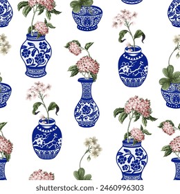 Seamless pattern with Chinese blue vases and flowers. Vector