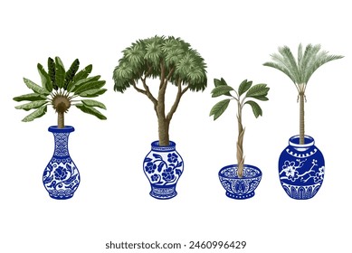 Seamless pattern with Chinese blue vases and trees. Vector