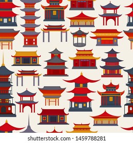 Seamless pattern of Chinese buildings and temples on a light background