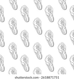 Seamless pattern of Chinese cabbage in doodle style on a white background. Food illustration, healthy eating.