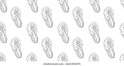 Patrón sin fisuras con repollo chino en estilo doodle sobre un fondo blanco.
