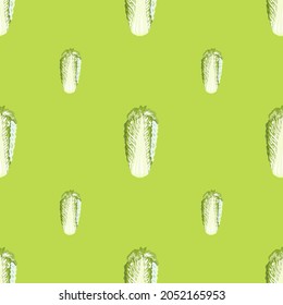Seamless pattern Chinese cabbage on light green background. Minimalism ornament with lettuce. Geometric plant template for fabric. Design vector illustration.