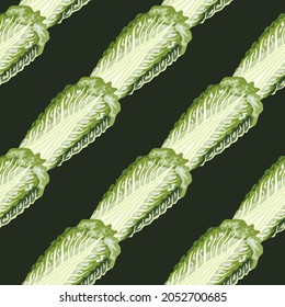 Seamless pattern Chinese cabbage on dark background. Simple ornament with lettuce. Geometric plant template for fabric. Design vector illustration.