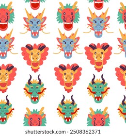 Seamless pattern Chinese cartoon dragon mask for Chinese New Year