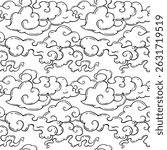 Seamless pattern of chinese clouds. Black and white outline illustration of swirling oriental clouds. Hand-drawn doodle style. Background element for textiles, wallpapers, and packaging.