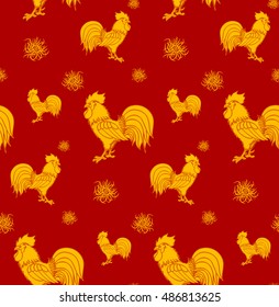 Seamless pattern with chinese cock on red background. Cock and flowers imitation gold embroidery. It can be used for Mid-Autumn Festival.