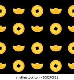 Seamless Pattern Chinese coin gold ingot set. China money square centre. Golden with hole. Happy New Year symbol atribute. Black background. Flat design. Vector illustration.