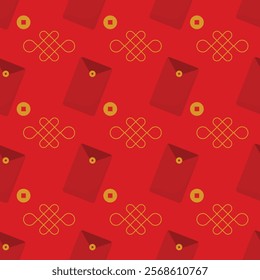 Seamless pattern of Chinese coins and red envelopes, packaging, wrapping and textile design