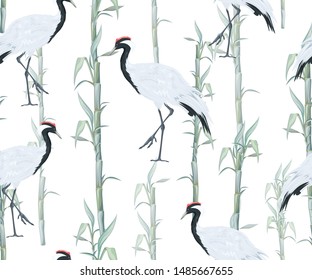 Seamless pattern with Chinese cranes and bamboo