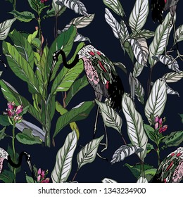 Seamless Pattern Chinese Cranes in Flower Field Exotic Tropical Plants Oriental Print on Dark Background Dramatic Print