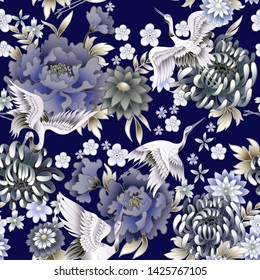 Seamless pattern with Chinese cranes, peonies and chrysanthemums. vector.