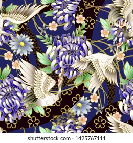 Seamless pattern with Chinese cranes, peonies and chrysanthemums. vector.
