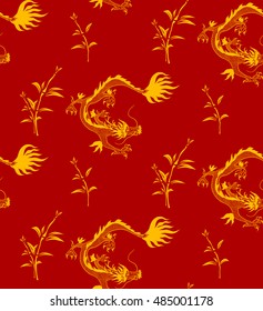 Seamless pattern with chinese dragon and bamboo on red background. Dragon and flowers imitation gold embroidery. It can be used for Mid-Autumn Festival.