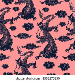 Seamless pattern with Chinese dragon in blue on a pink background. Vector graphics.