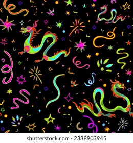 Seamless pattern of chinese dragon in neon colored doodle style