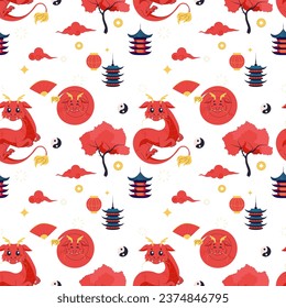 Seamless pattern chinese dragon, red cute 2024. 