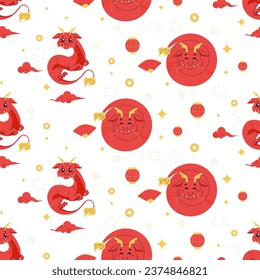 Seamless pattern chinese dragon, red cute 2024. 