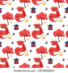 Seamless pattern chinese dragon, red cute 2024. 