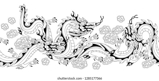 Seamless pattern with Chinese dragons. Coloring page for printing and drawing. Traditional China symbol. Asian mythological black animals.