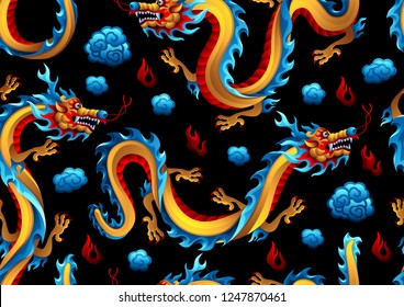 Seamless pattern with Chinese dragons. Traditional China symbol. Asian mythological color animals.